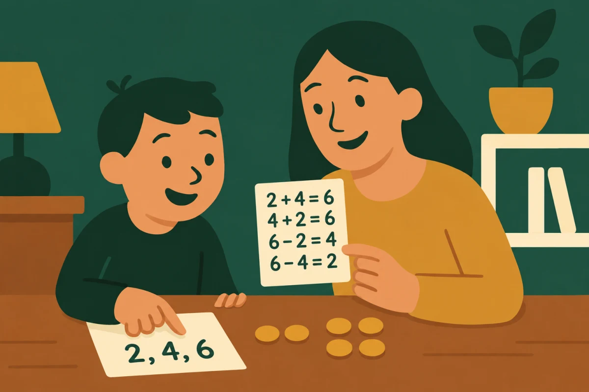 A parent and child use six counters and the numbers 2, 4 and 6 to show 2 + 4 = 6, 4 + 2 = 6, 6 - 2 = 4 and 6 - 4 = 2.