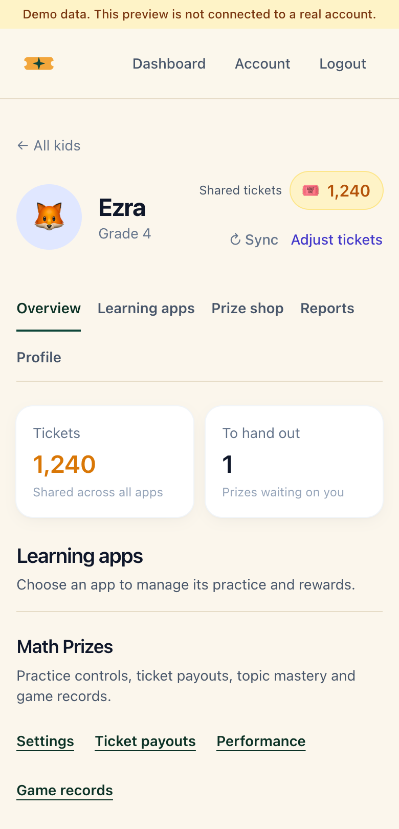 Screenshot of the local demo overview for fictional Ezra, showing 1,240 shared tickets, one prize to hand out, and learning app controls