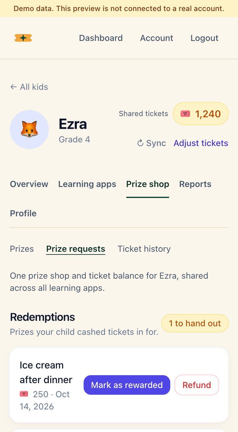 Screenshot of the local demo prize request showing fictional Ice cream after dinner waiting to be marked as rewarded or refunded